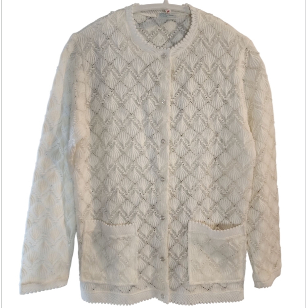 Vintage Cardigan 60s 50s DeMura 100% Acrylic Sz 42 White Cottage Core Coquette